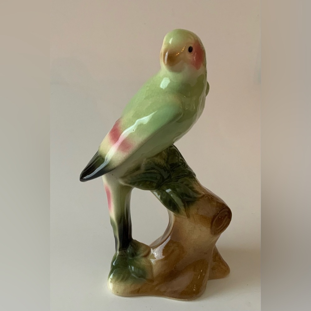 Green Ceramic Bird Figurine with Pink Accents - Decorative Bird Statue